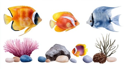 Colorful reef fish set in watercolor style with coral plants, pebbles, and soft sea tones