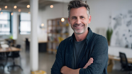 Portrait of a smiling middle aged man with crossed arms in a modern office environment looking at camera