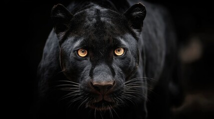 Intense portrait of a black feline with luminous amber eyes, emerging from darkness, focused gaze