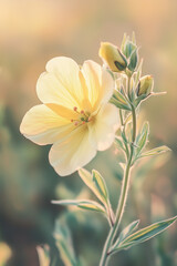 Obraz premium Close-up of delicate yellow wildflowers blooming in a sunlit meadow. Soft natural light highlights the fragile petals and fresh green stems, capturing the beauty of spring, growth, and the serenity of