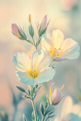 Naklejka premium Close-up of delicate yellow wildflowers blooming in a sunlit meadow. Soft natural light highlights the fragile petals and fresh green stems, capturing the beauty of spring, growth, and the serenity of