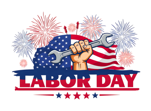 Hand holding a wrench with american flag and labor day text isolated on transparent background
