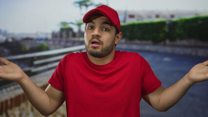 Man in red cap and shirt holds palms up shrugging on city street under sunlight; uncertainty...