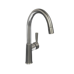 Modern chrome kitchen faucet with a high arc spout and pull down sprayer isolated on transparent background