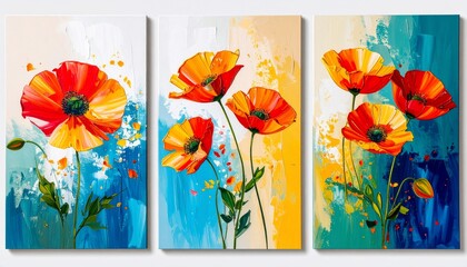 Vibrant Floral Trio: A Triptych of Painted Poppies in Bold Colors and Textured Strokes