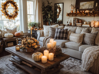 Fototapeta premium Cozy autumn living room decorated with candles, pumpkins, and floral arrangements showcasing a warm fall atmosphere