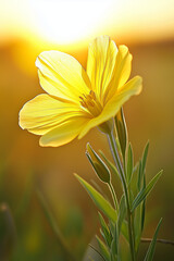 Fototapeta premium Close-up of delicate yellow wildflowers blooming in a sunlit meadow. Soft natural light highlights the fragile petals and fresh green stems, capturing the beauty of spring, growth, and the serenity of