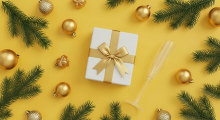 White gift box with golden ribbon surrounded by golden baubles pine branches and a champagne flute on a yellow background Christmas present celebration