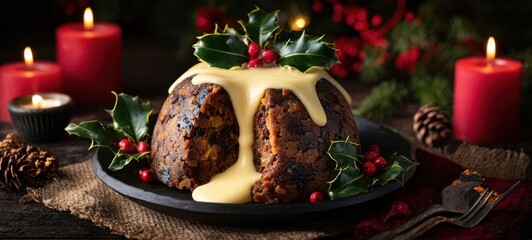 The holiday pudding adorned with cream and festive decorations on a rustic table.