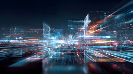 Abstract city landscape with glowing lines and geometric shapes in a futuristic style