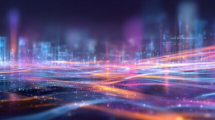 Abstract cityscape with glowing lines and buildings in blue purple and orange tones at night time