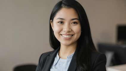 A young woman with long black hair smiles warmly while wearing a formal blazer in a contemporary office environment, showcasing confidence and professionalism