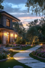 Modern two-story brick house with large windows and exterior lights glowing warmly at sunset. Contemporary architecture with a spacious terrace and elegant design, perfect for real estate, constructio