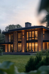 Modern two-story brick house with large windows and exterior lights glowing warmly at sunset. Contemporary architecture with a spacious terrace and elegant design, perfect for real estate, constructio