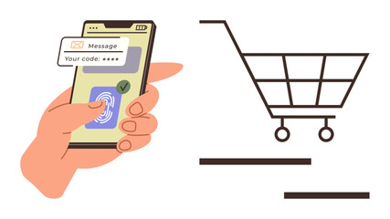 Finger pressing fingerprint scanner, phone display with code message checkmark, shopping cart. Ideal for security, ecommerce, technology, convenience, authentication, modern payment digital access