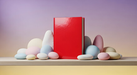 Fototapeta premium Red Box with Colorful Candies for Modern Product Photography with Clean and Minimal Design Setup