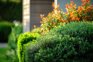 Eco-friendly green hedge along a modern house, symbolizing sustainable landscaping, harmony with nature, and outdoor wellness. Perfect for visuals related to eco lifestyle, home gardening, and natural