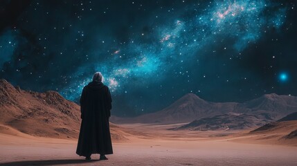 Abraham gazes up at a star-filled desert sky, contemplating a divine promise in a dramatic nighttime landscape filled with emotional and spiritual connection