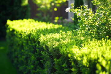 Eco-friendly green hedge along a modern house, symbolizing sustainable landscaping, harmony with nature, and outdoor wellness. Perfect for visuals related to eco lifestyle, home gardening, and natural