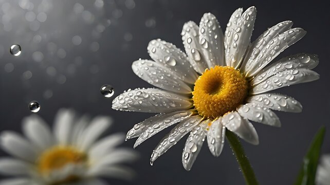 Close up of a daisy with water droplets on its petals against a blurred gray background with water drops