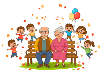 Happy grandparents sitting on a bench with cheerful children and falling leaves isolated on transparent background