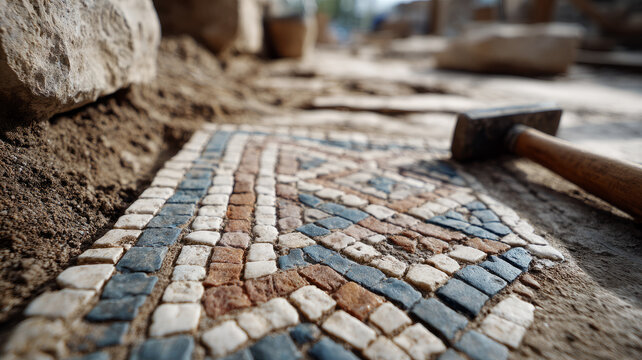 Ancient mosaic tiles with hammer at an archaeological site.