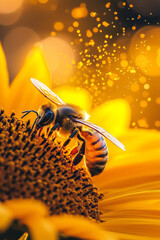 Macro image of bees on honeycomb, symbolizing beekeeping, honey production, and ecological balance. Perfect concept for organic farming, pollination, sustainability, and natural food visuals