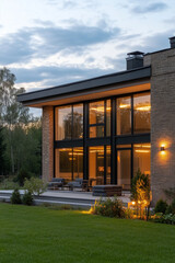 Modern two-story brick house with large windows and exterior lights glowing warmly at sunset. Contemporary architecture with a spacious terrace and elegant design, perfect for real estate, constructio
