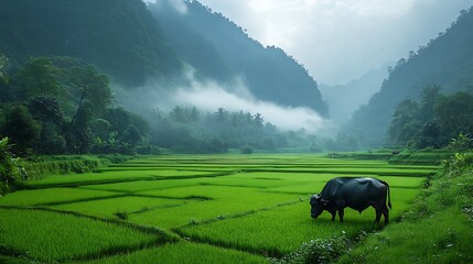 Water buffalo in lush green paddy field landscape