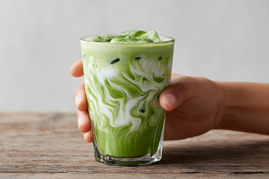 hand holding iced matcha latte drink in transparent glass. Japanese green tea beverage. placed against wooden table. 