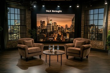 The grand and empty television talk show studio set boasts plush velvet armchairs, a sleek modern coffee table, and vibrant stage lighting that dramatically casts shadows and highlights