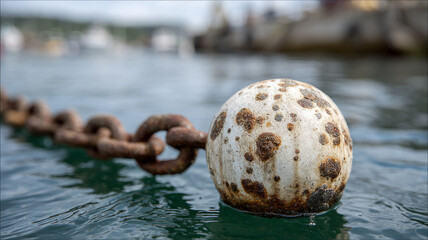 Rusty chain and buoy floating in calm water close-up.