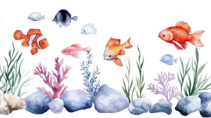 Decorative underwater scene with fish, coral, and seaweed in watercolor illustration