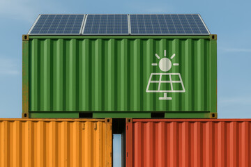 Green port logistics container with solar panel on roof for sustainable energy and shipping