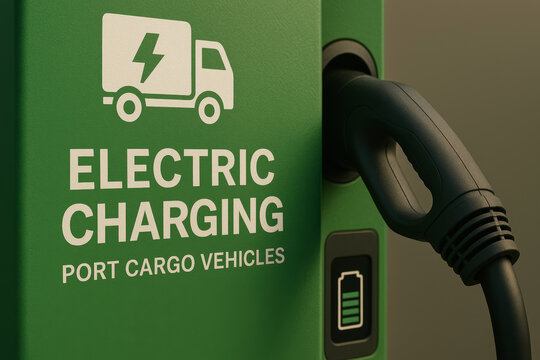 Green electric charging station for port logistics cargo vehicle with battery icon and eco