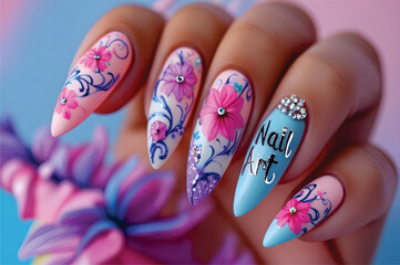 Nail art service. Female manicure and floral patterns