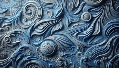 Abstract blue layered swirling patterns resembling ocean waves or wind currents, with intricate textures and depth