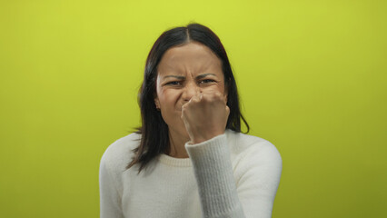 Young hispanic woman in a white sweater shows strong emotions against a bright yellow background,...
