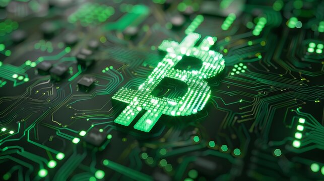 Stunning digital Bitcoin currency symbol glowing on a modern green circuit board background for finance - Powered by Adobe