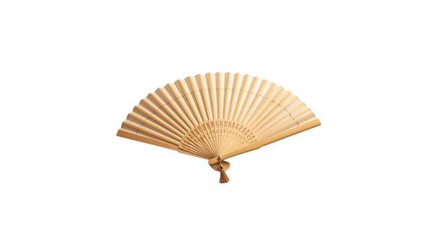 Isolated white background showcases a traditional Japanese folding fan, an elegant wooden and paper accessory for oriental culture
