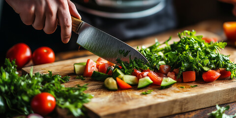 Hand chef knife cut and slice fresh Vegetables and fruit salad on wood board table .Make Salad Organic Vegetables