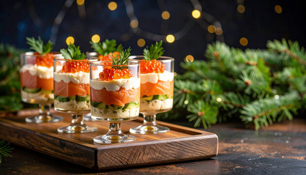 Elegant appetizer glasses filled with layers of creamy mousse, smoked salmon, red caviar, herbs, and garnish are beautifully presented on a wooden tray with festive lights in the background.
