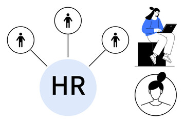 HR circle connects to people icons, woman working on laptop, profile avatar. Ideal for recruitment, teamwork, organizational structure, digital workspace, employee management, talent development
