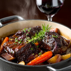 Braised beef stew with vegetables in a cast iron pot.