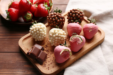 Board with chocolate covered strawberries and plate of fresh berries on wooden background