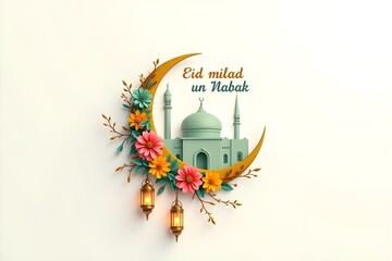 Eid milad un nabak design with mosque, crescent moon, flowers, and lanterns