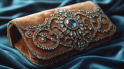 Luxurious velvet clutch handbag with jeweled details placed on a satin fabric with evening accessories perfect for glamorous events and parties