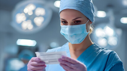 A surgeon in scrubs and mask examines a sterile package under surgical lights in an operating room