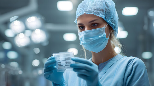 A female surgeon examining samples in a sterile environment with surgical lighting above her head