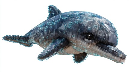 Obraz premium A stylized, 3D rendered dolphin, with a pixelated, translucent appearance and light-blue outlines